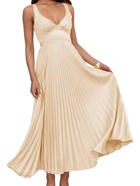Sleeveless Cream Pleated Maxi Dress - V-Neck Elegant Evening Gown